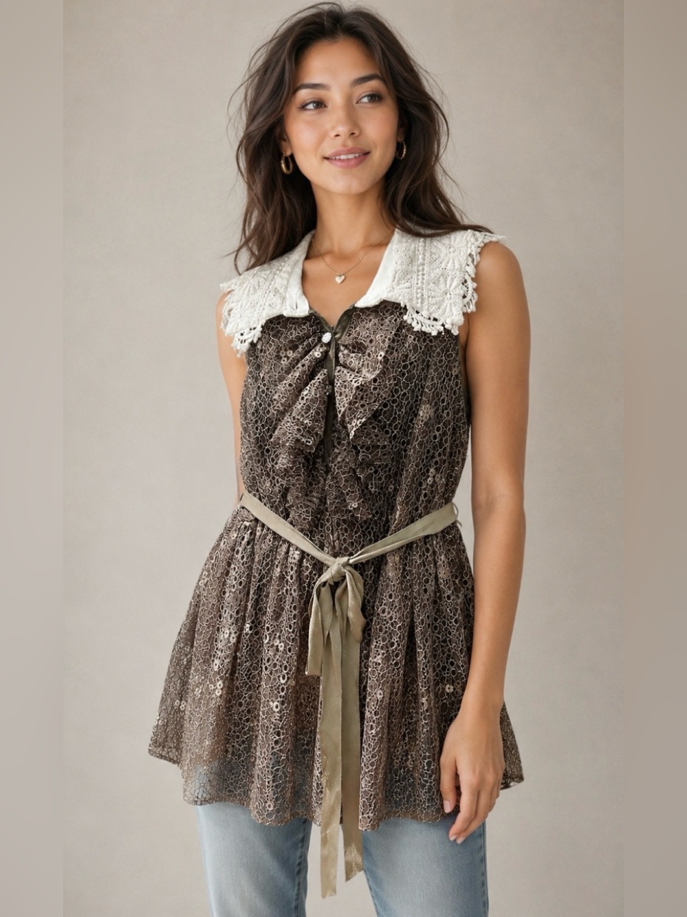 Twelve by Twelve Ruffle Lace Sleeveless Belted Mini Dress Tunic Top Size S EUC